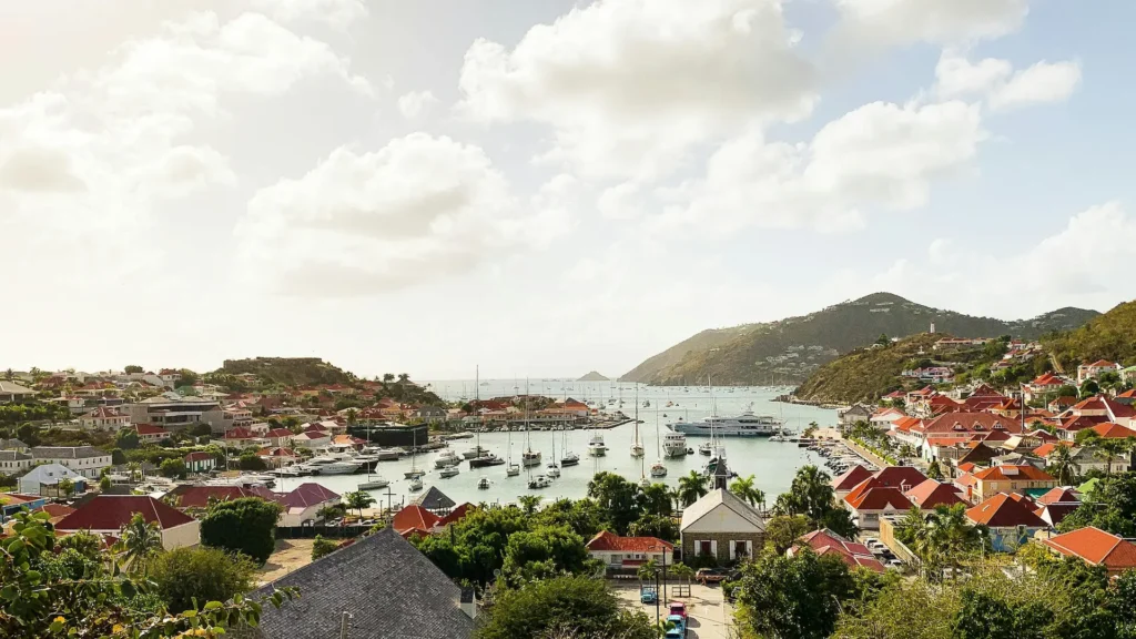 View of Gustavia harbor and yachts from a private boat charter St Maarten to St Barts