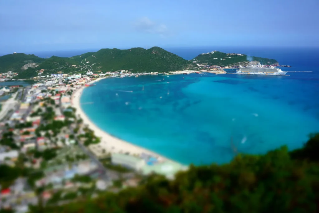 Aerial view of Philipsburg coastline and cruise ship terminal – a popular departure point for SXM boat tours