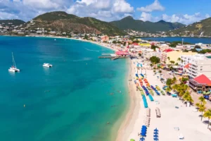 Turquoise waters and boats near Philipsburg beach, St Maarten.