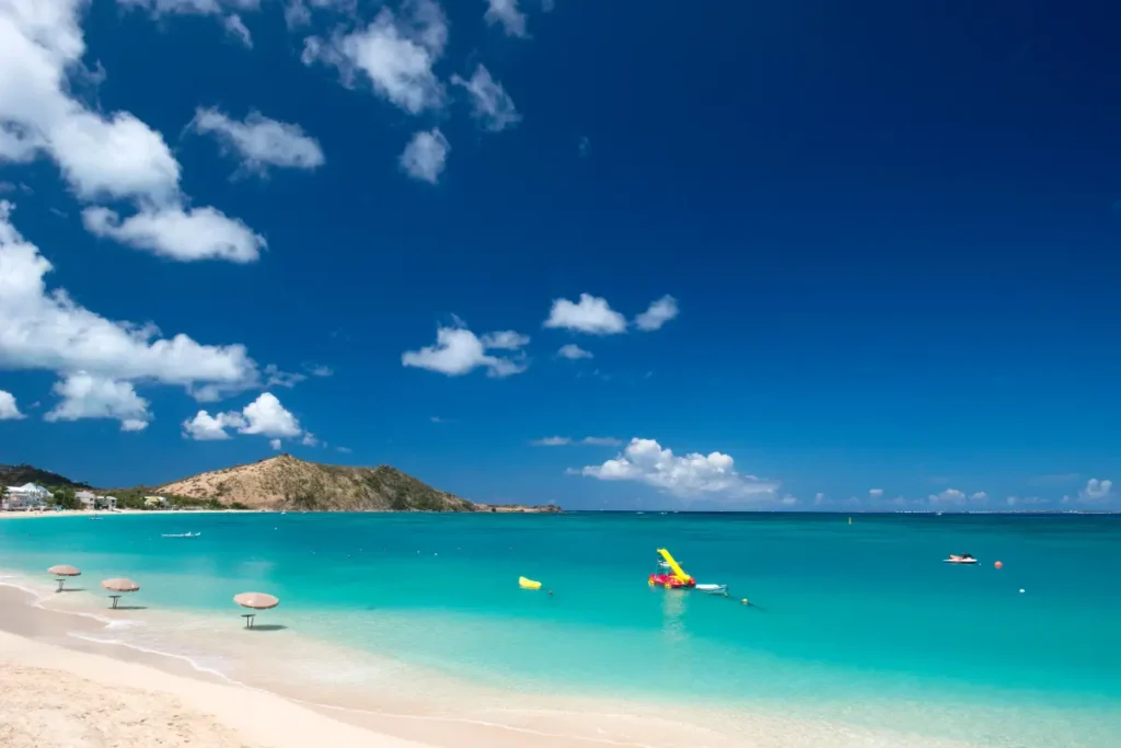 Bright beach day at Grand Case Beach in St Martin.