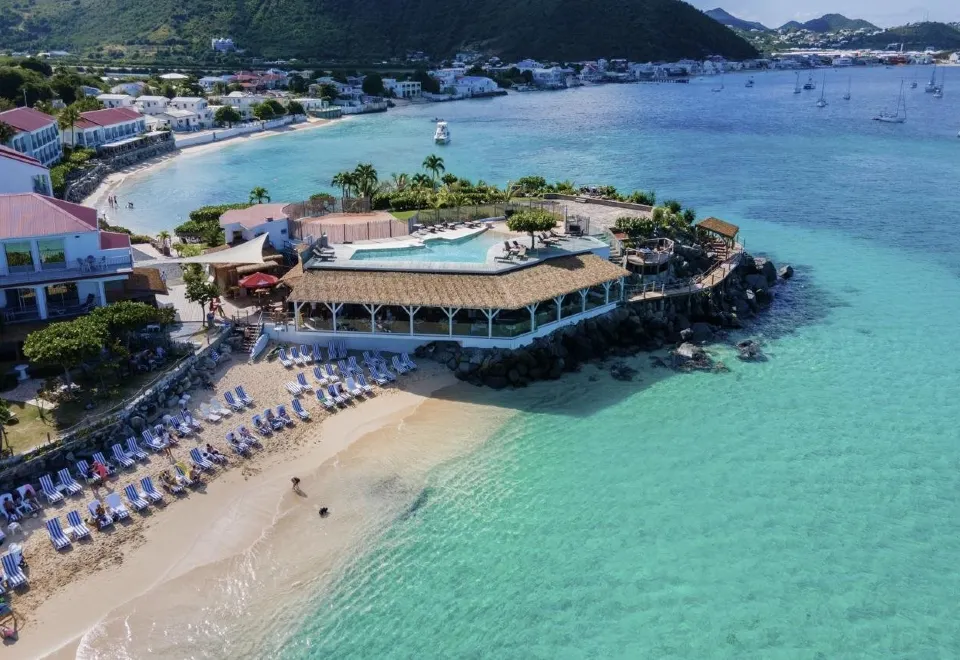 Grand Case Beach Club aerial view of swimming pool and Petite Plage, st martin