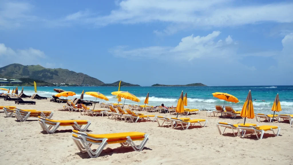 Beach chairs on Orient Bay, Saint-Martin