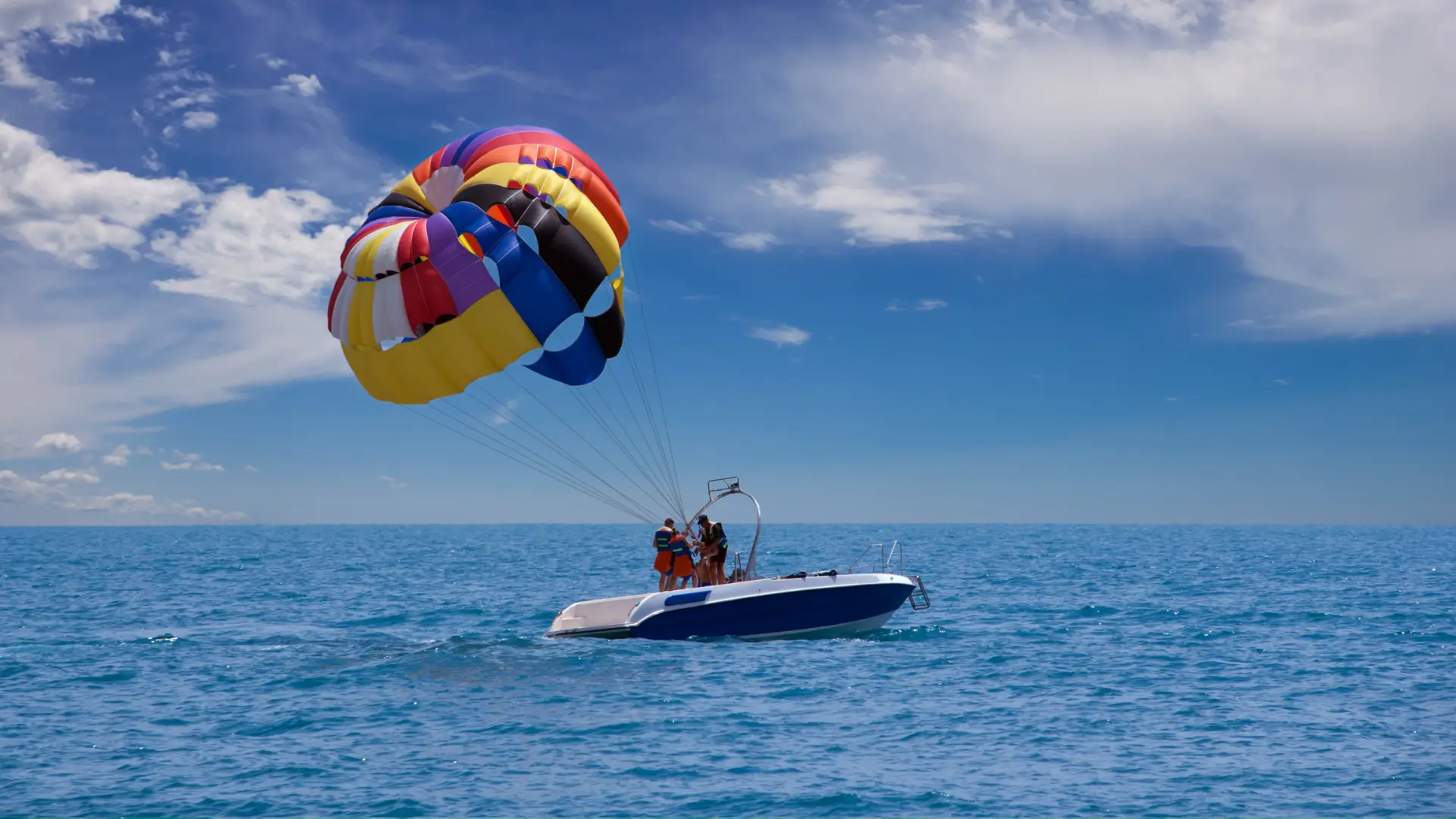 Parasailing over the Caribbean Sea off the coast of St Martin