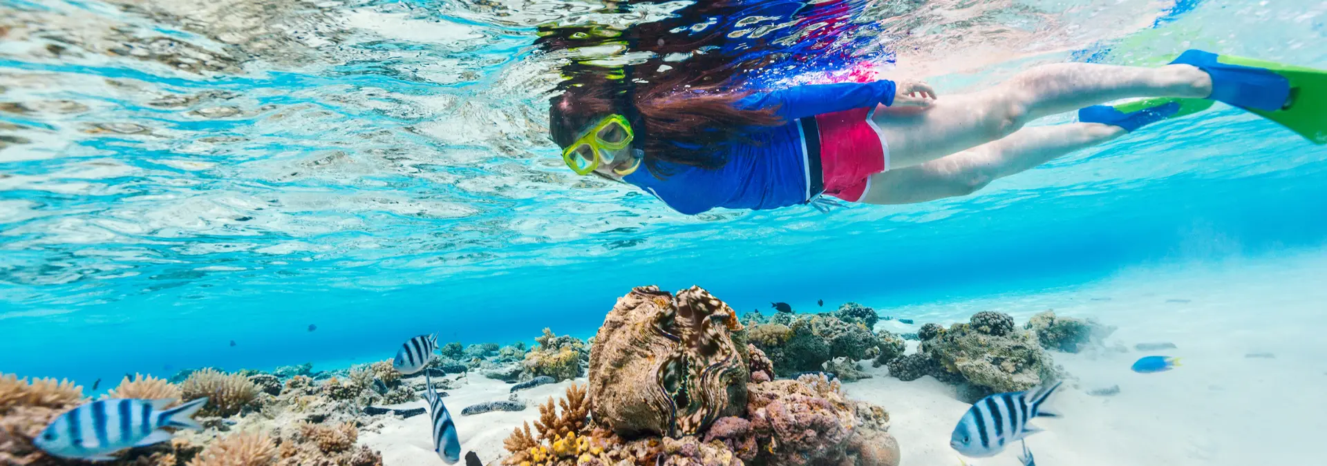 Child snorkeling above coral reef and tropical fish off Pinel Island