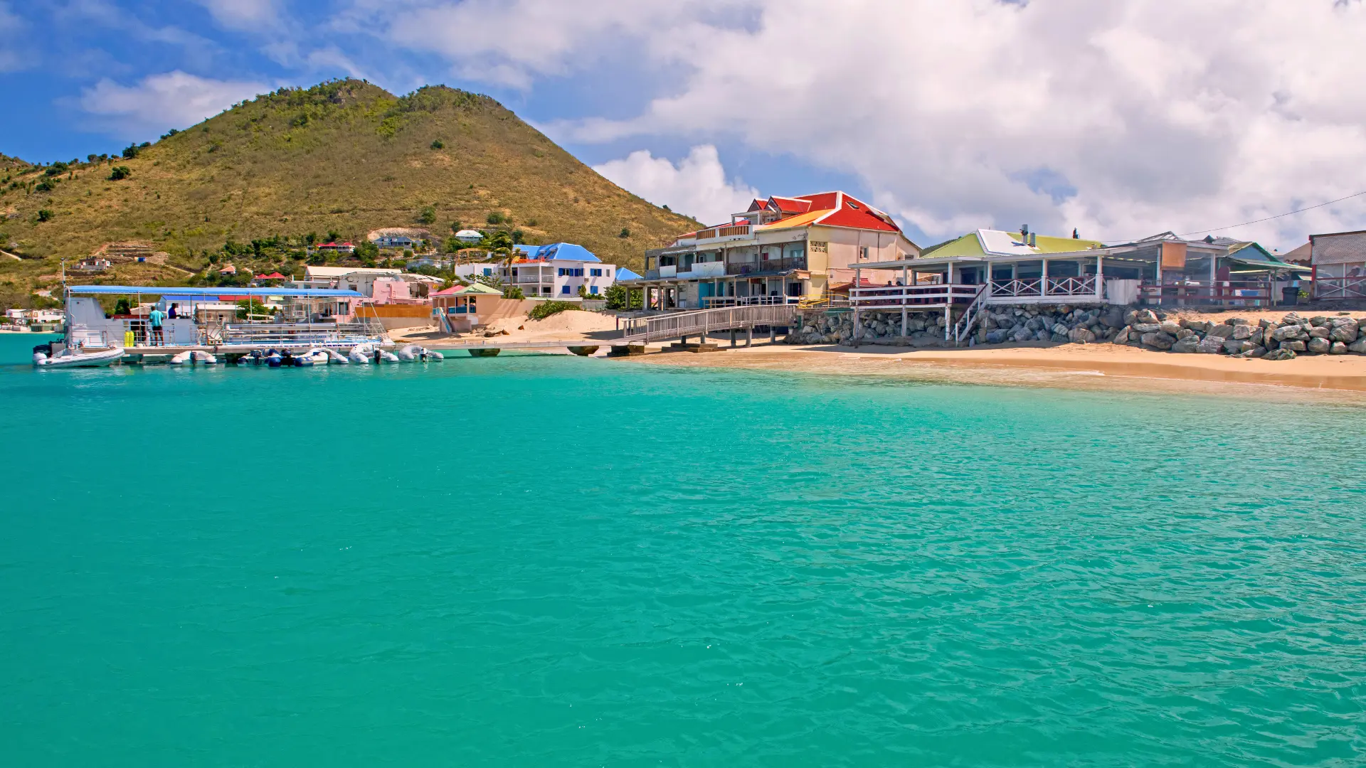 Grand Case St Martin beach with lolo restaurants on the seafront