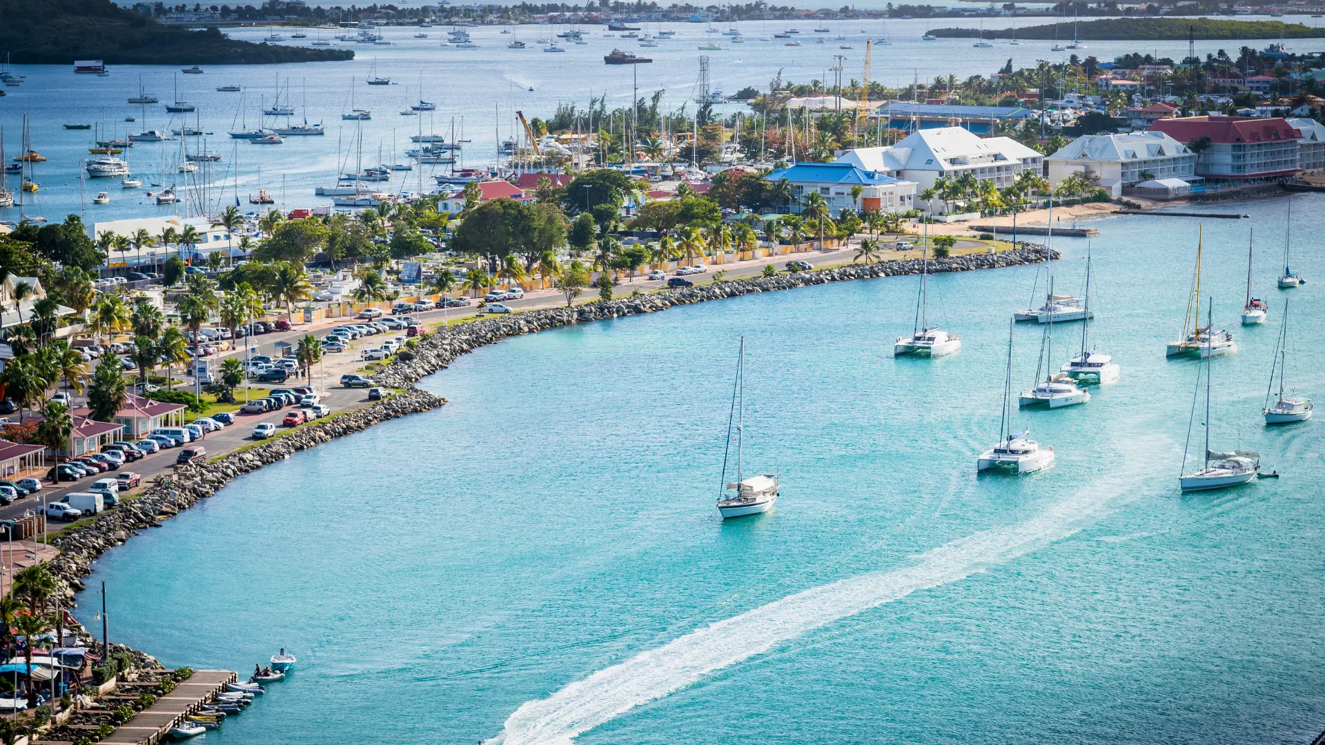 Marigot St Martin harbor with Fort Louis overlooking the bay
