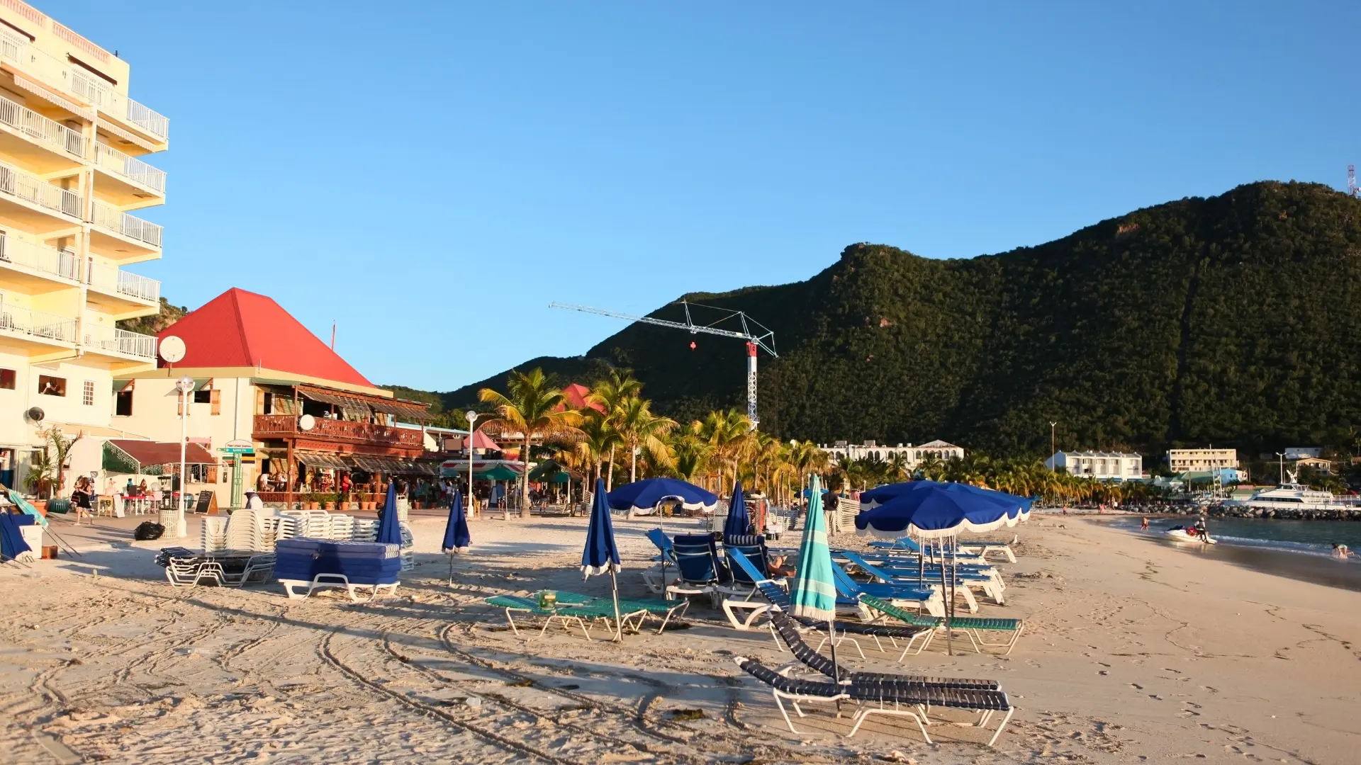 Great Bay Beach St Maarten with cruise ships and Philipsburg boardwalk