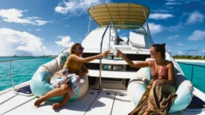 Friends relaxing on beanbags and toasting drinks on the bow of a private catamaran in St Maarten