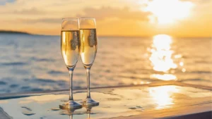 Champagne glasses on a yacht table at sunset in St Martin