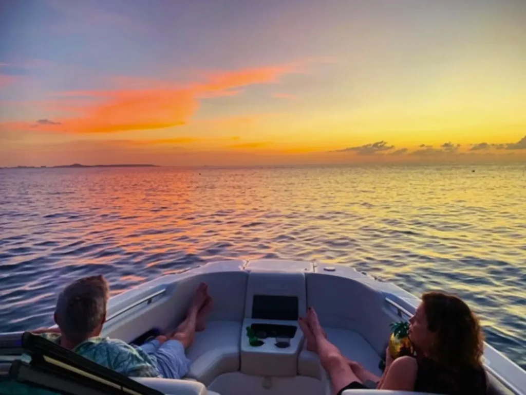 Sunset view from the bow of a private boat in St Martin