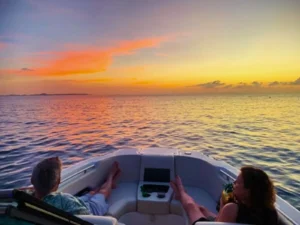 Sunset view from the bow of a private boat in St Martin