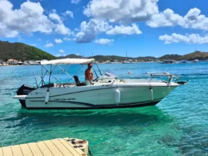 Side view of a private motorboat in Grand Case, St Martin