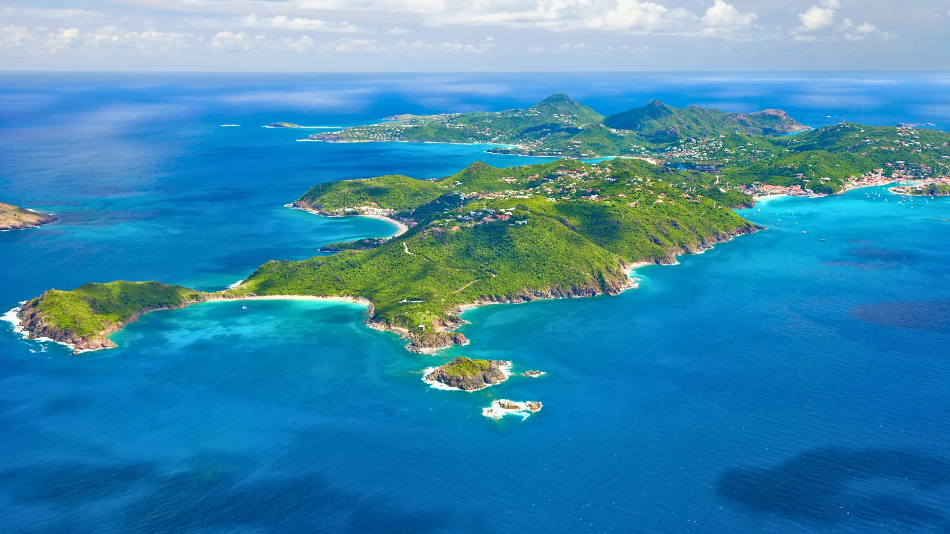 Aerial view of St Barts island coastline and surrounding Caribbean waters