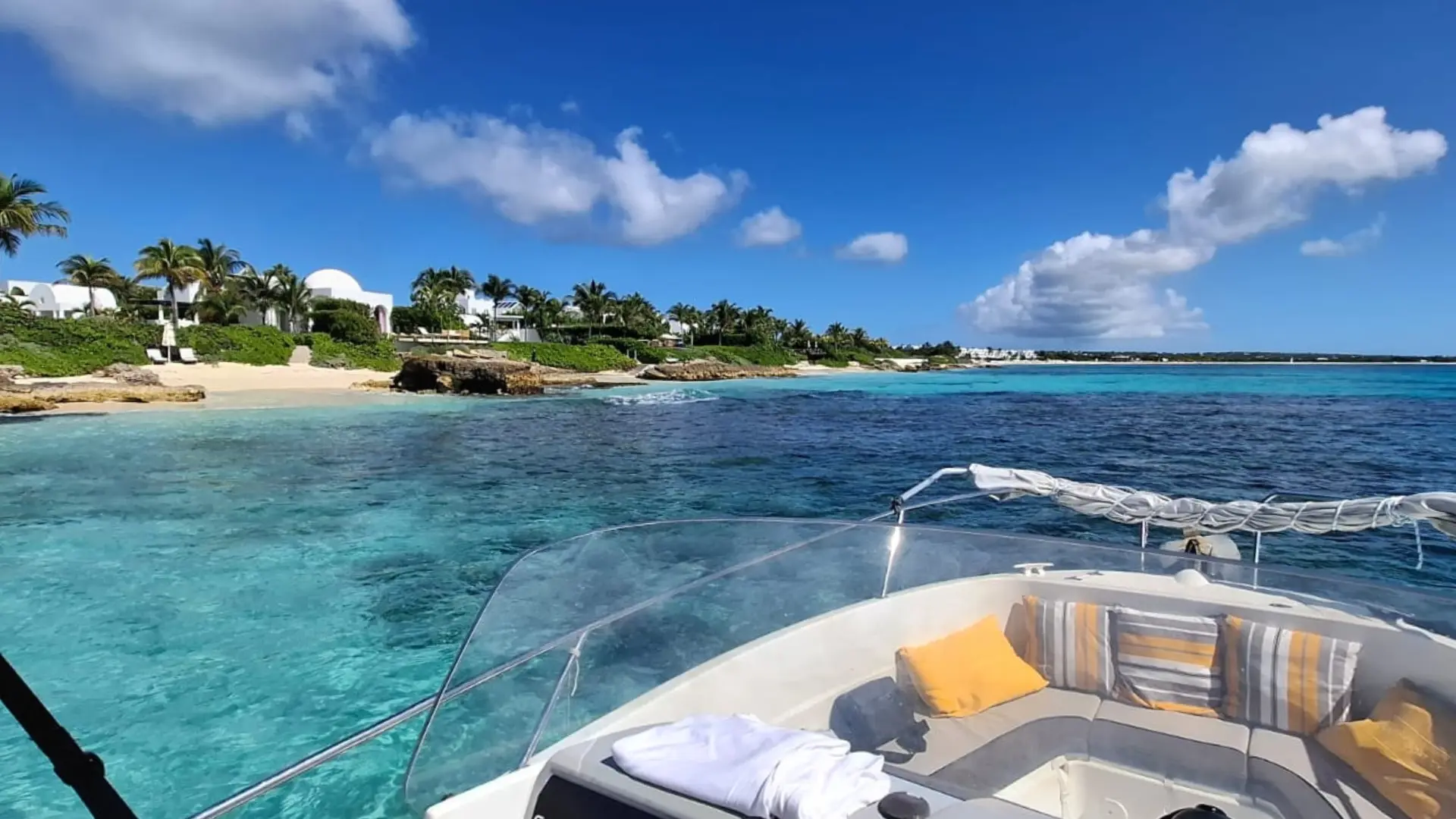View from private boat approaching Anguilla coastline during charter from St Maarten