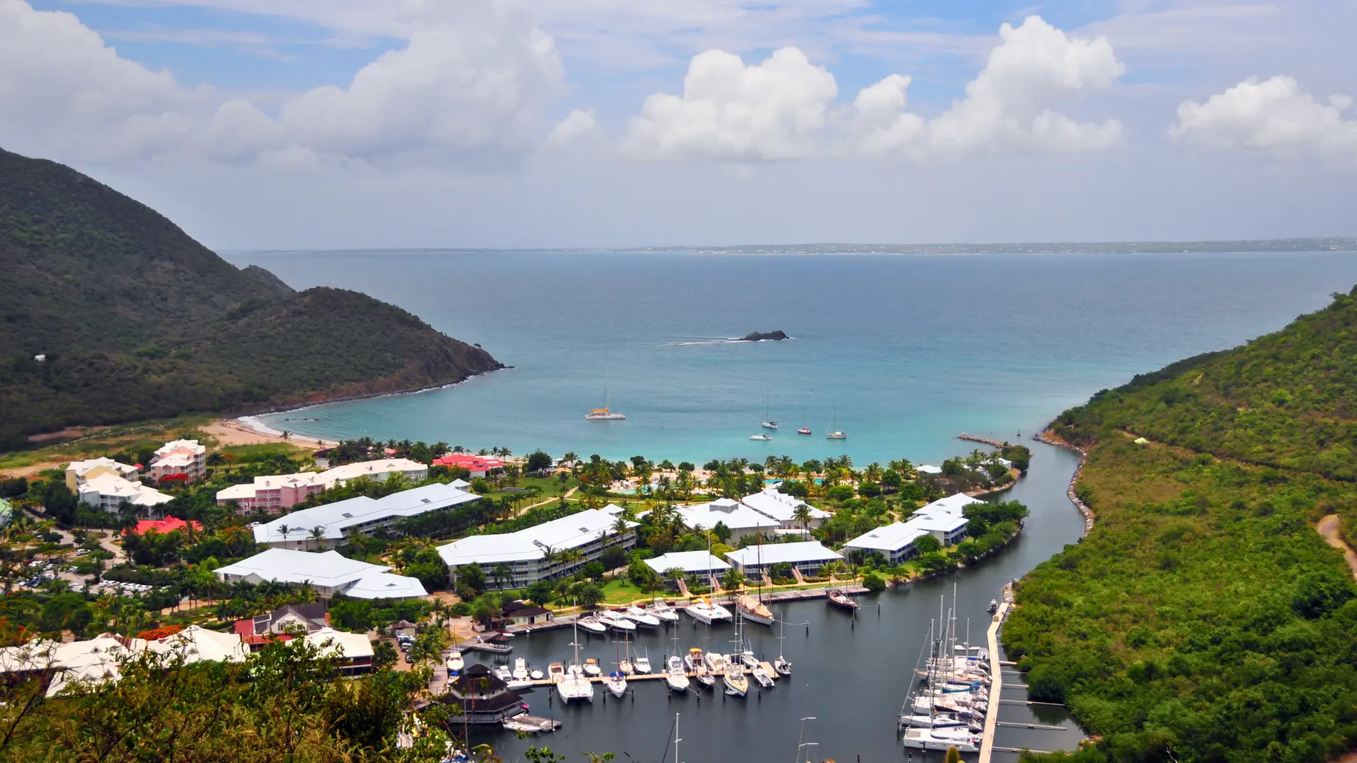 Anse Marcel marina and bay viewed from above in St Martin