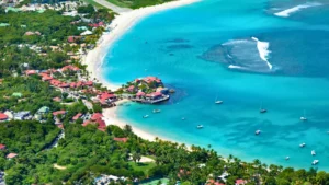 Aerial view of St Jean Bay in St Barts with beach and boats