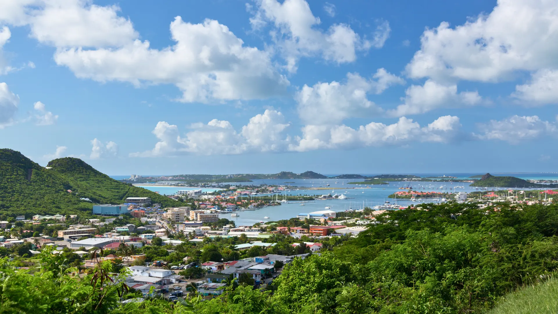 Aerial view of Cole Bay and Simpson Bay Lagoon in St Maarten
