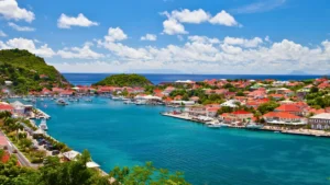 Gustavia harbour in St Barts with yachts and red-roof buildings