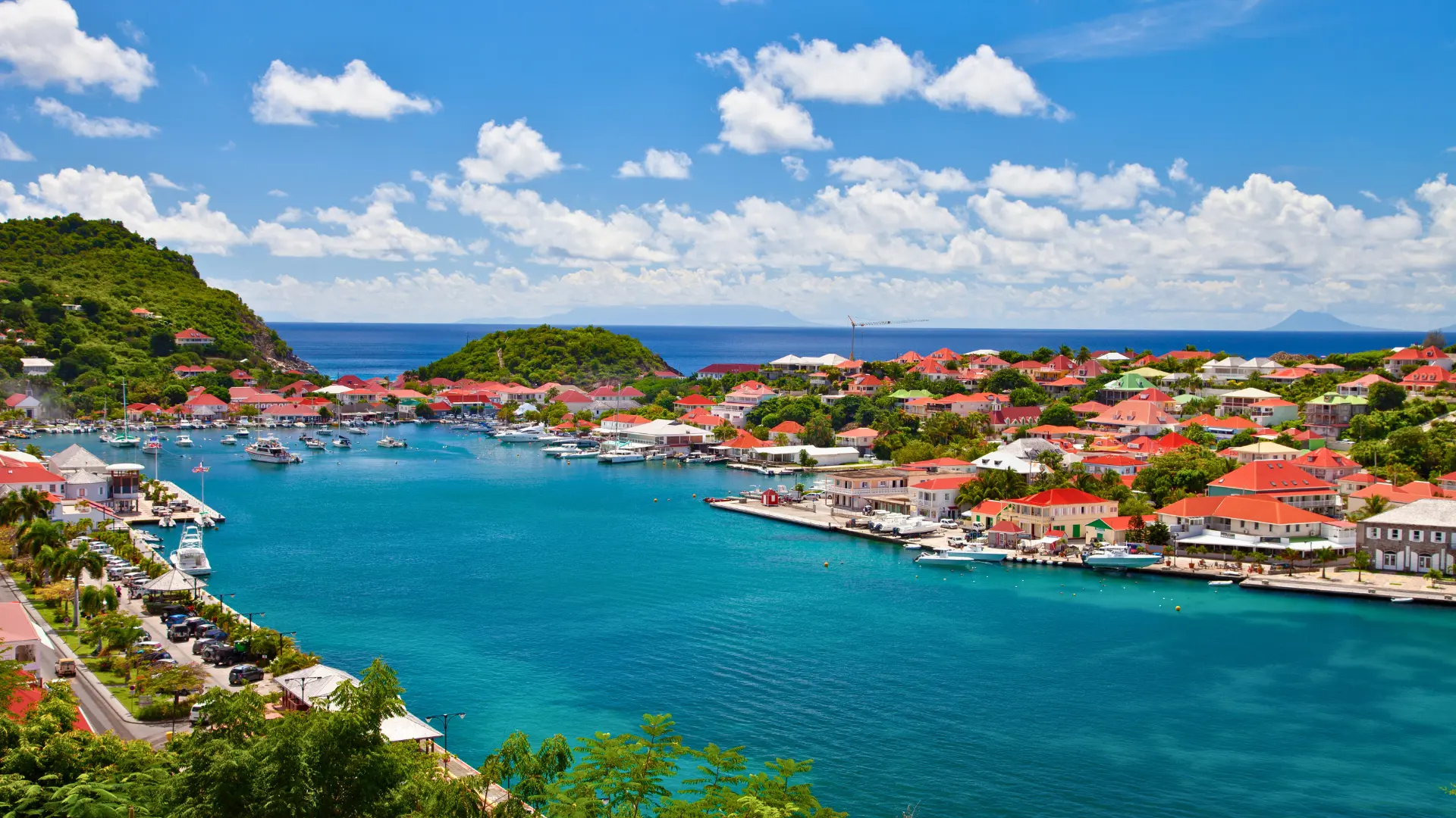 Gustavia harbour in St Barts with yachts and red-roof buildings
