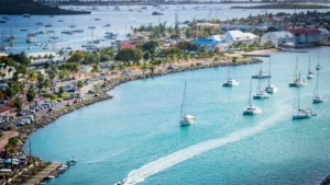 Aerial view of Marigot harbour with boats anchored in St Martin