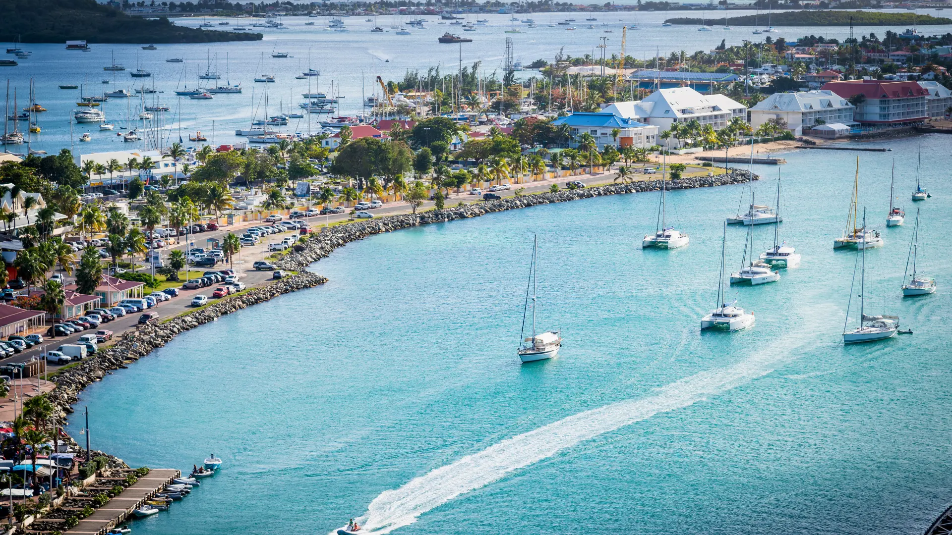 Aerial view of Marigot harbour with boats anchored in St Martin