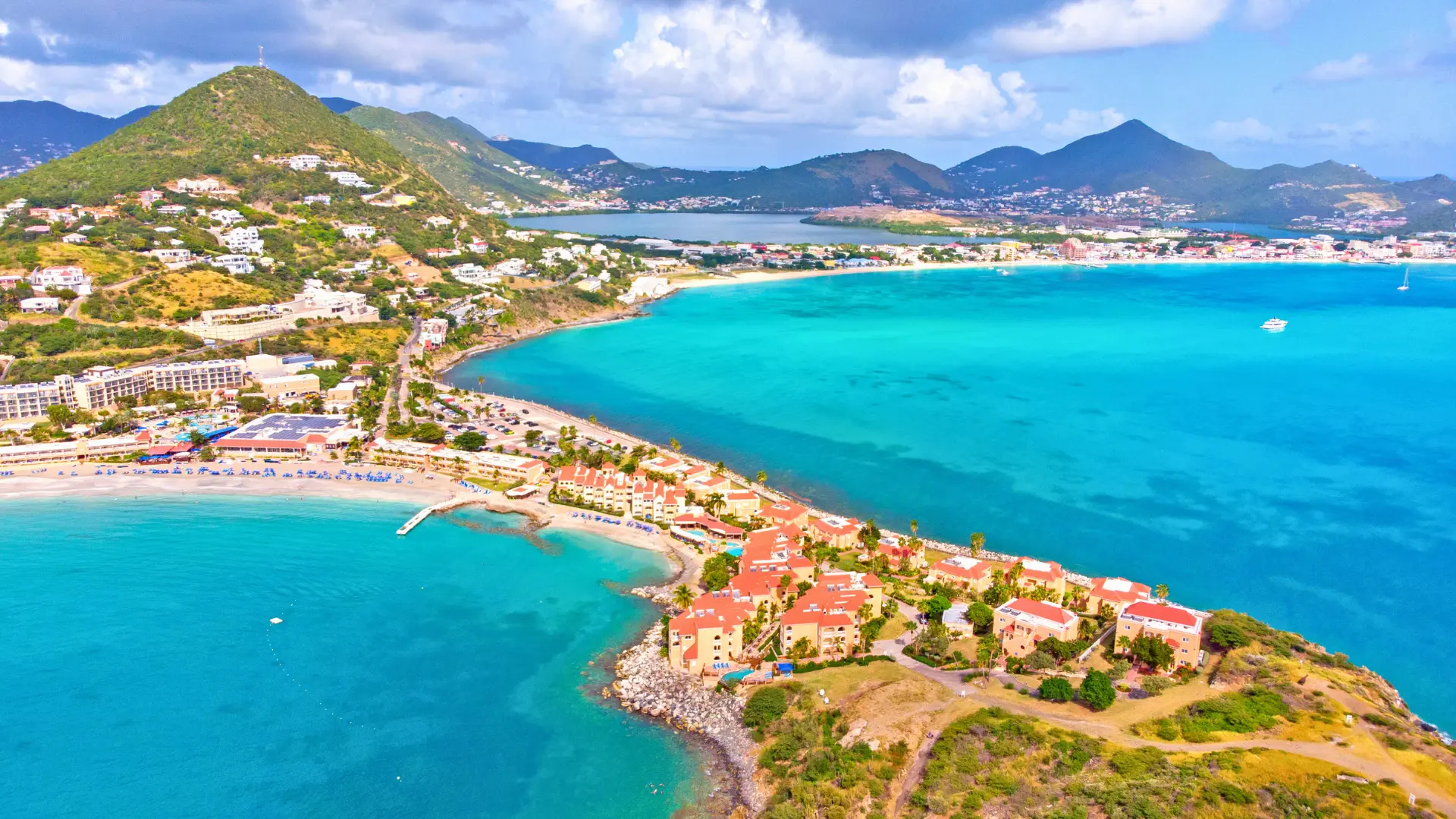 Aerial view of St Maarten coastline and Little Bay and Great Bay visited during private boat excursion from Philipsburg