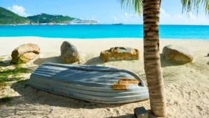 Beach in Philipsburg St Maarten with cruise ship in background near private boat excursion departure area