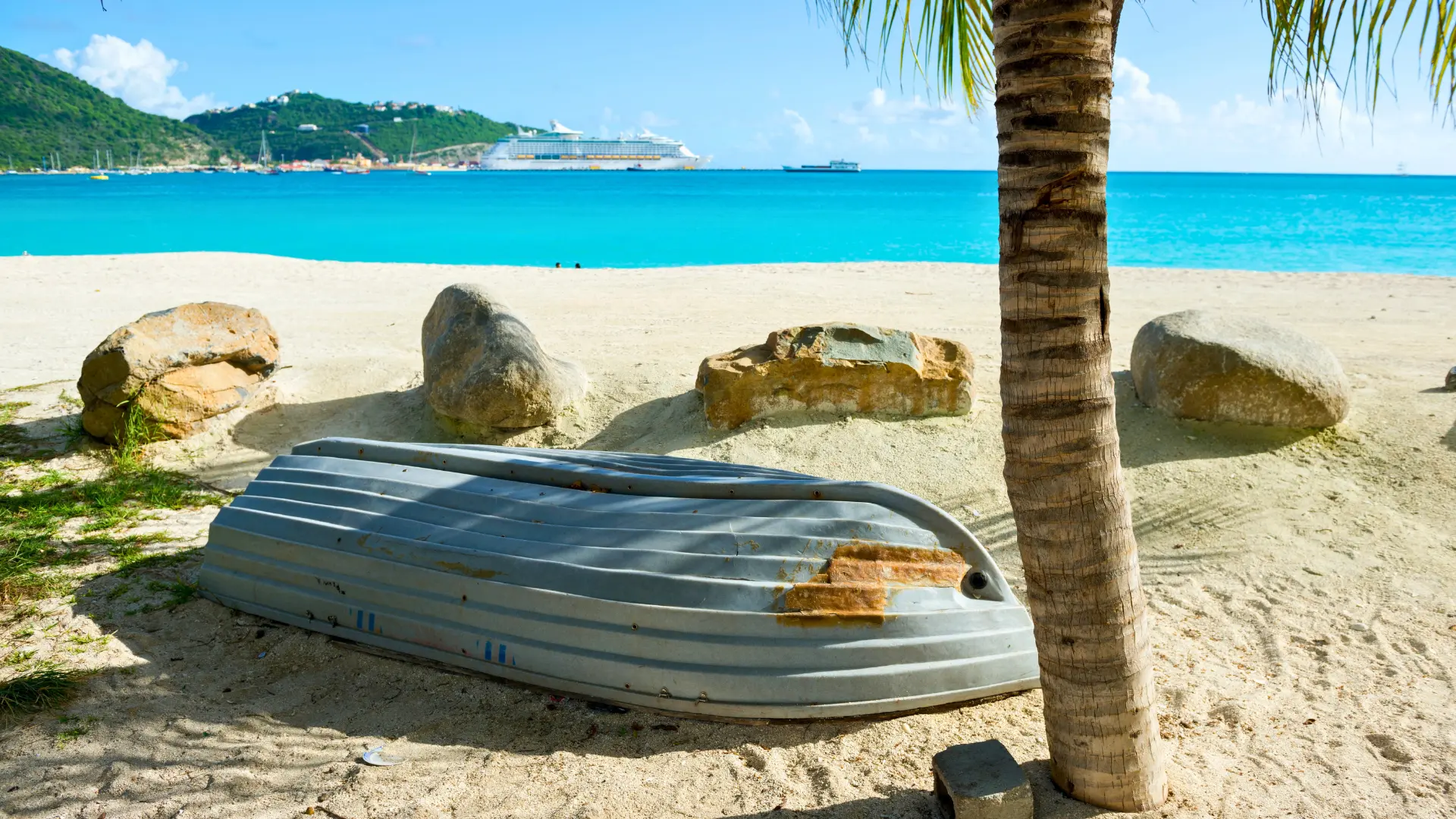 Beach in Philipsburg St Maarten with cruise ship in background near private boat excursion departure area