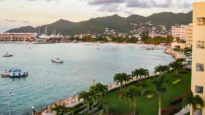 Simpson Bay beach and bay with boats and hotels in St Maarten