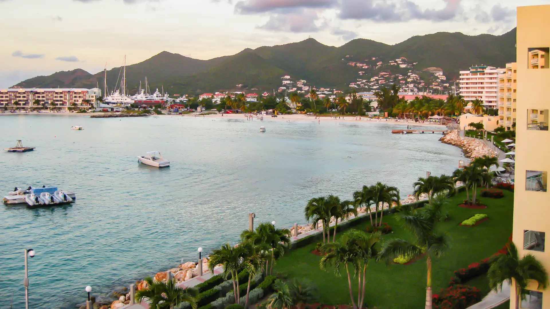 Simpson Bay beach and bay with boats and hotels in St Maarten
