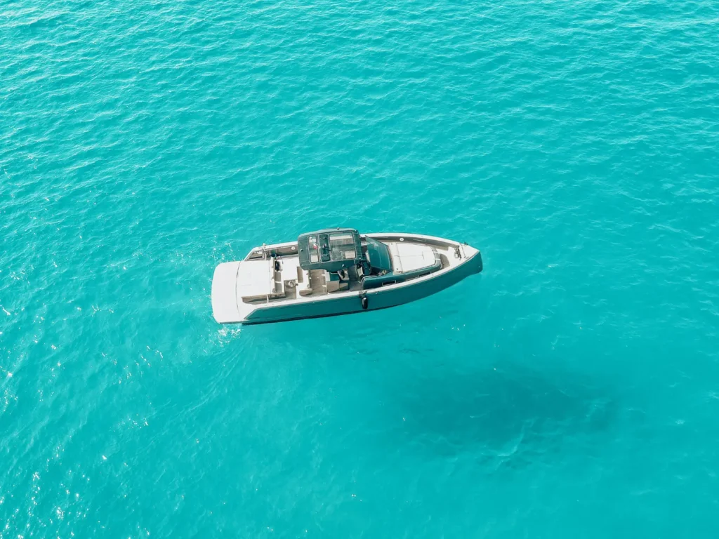 Private boat charter in turquoise water St Maarten aerial view