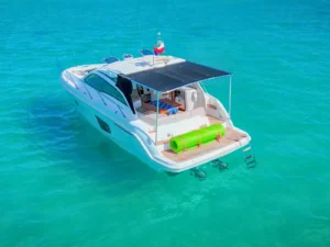 rear view of luxury motor yacht with swim platform anchored in calm waters st martin private charter