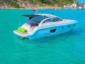 luxury private yacht charter st maarten anchored in clear turquoise water with swim platform and floating mats