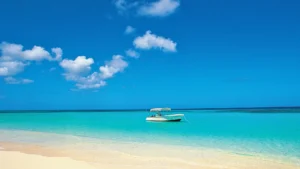 Private boat moored in the turquoise waters of Shoal Bay Anguilla.