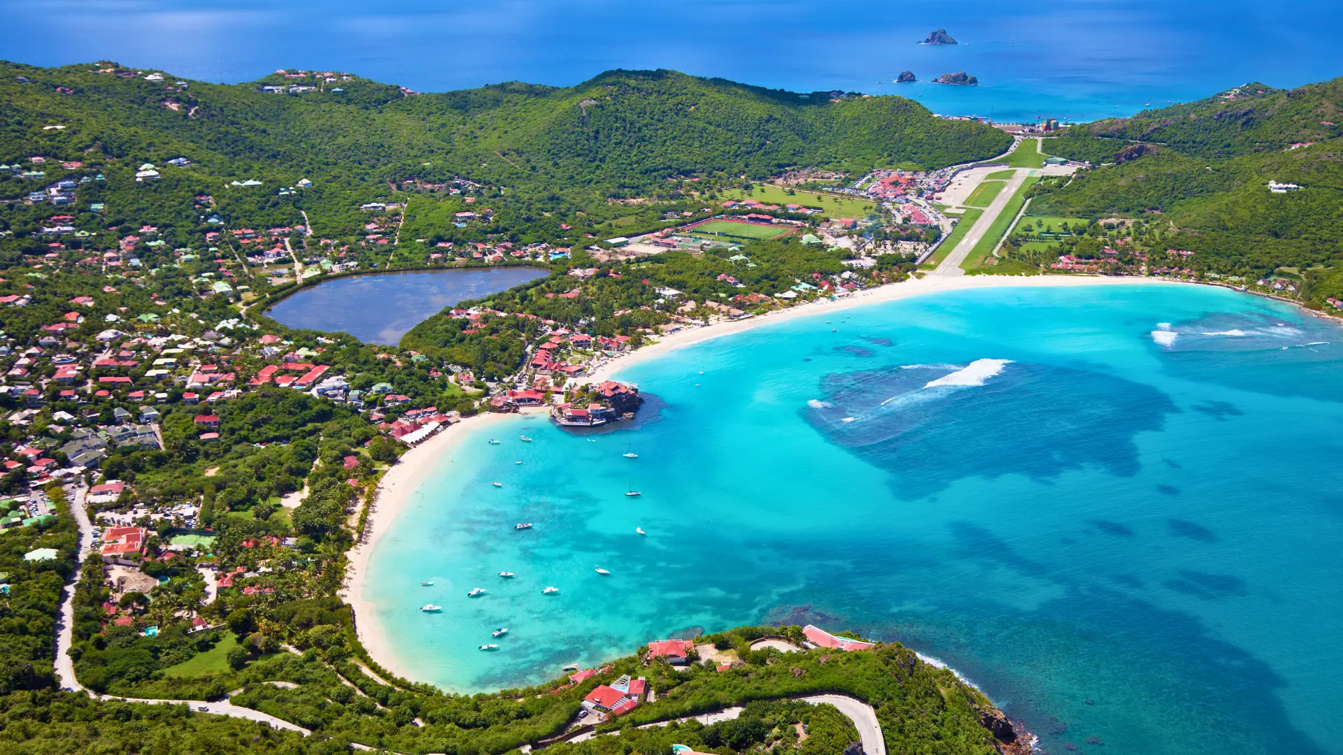 Aerial view of St Jean Bay and Gustaf III Airport in St Barts